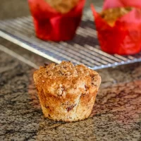 Freshly baked crumb-topped muffin with chocolate chips for breakfast or snack.