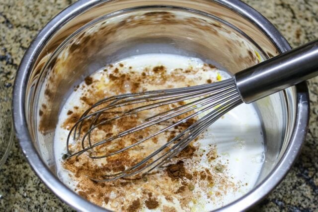 French toast preparation: bowl and whisk.