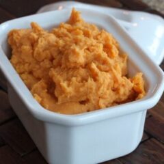 maple mashed sweet potatoes in a serving dish