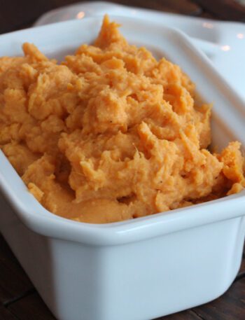 maple mashed sweet potatoes in a serving dish