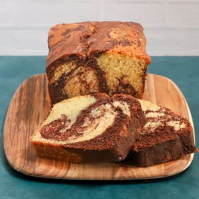Sliced chocolate and vanilla marble pound cake.