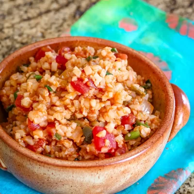 Bowl of cooked cauliflower rice with diced tomatoes and green onions.
