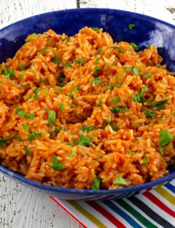 mexican rice in a large serving bowl