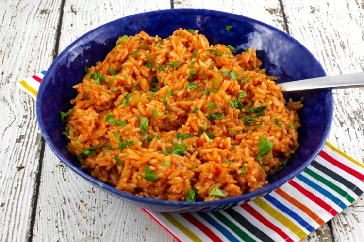 Mexican rice in a large serving bowl