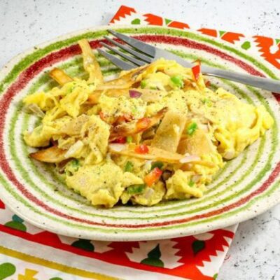 Mexican scrambled eggs with corn tortilla strips (Migas)