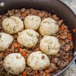 skillet with mince and dumplings