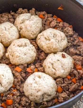mince and dumplings in a skillet