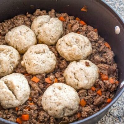 mince and dumplings in a skillet