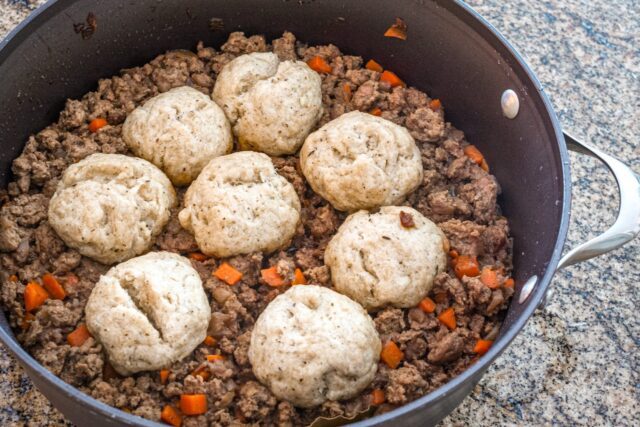 mince and dumplings in a skillet