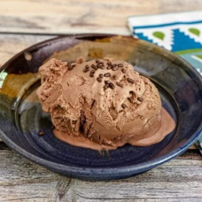 A scoop of mocha ice cream garnished with chocolate jimmies.