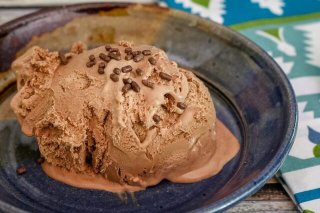 A closeup of the mocha ice cream on a plate.