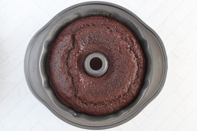 baked chocolate bundt cake in the pan