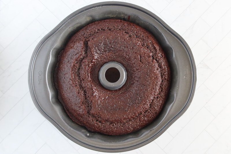 Moist chocolate cake baked in the pan.