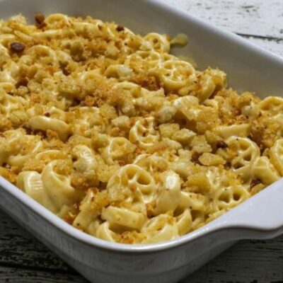 muenster and cheddar macaroni and cheese in a baking dish