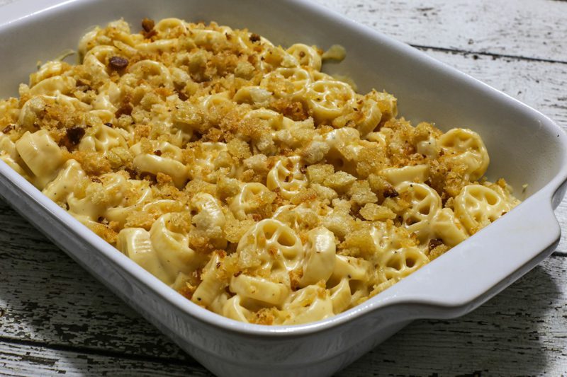 muenster and cheddar macaroni and cheese in a baking dish