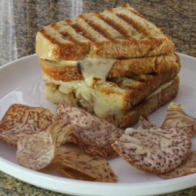 A grilled mushroom and fontina cheese sandwich on a plate with chips.