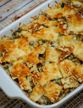 nacho casserole in baking dish