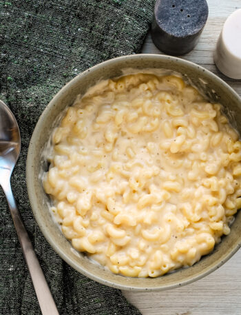 Next level mac and cheese in a serving bowl, ready to enjoy.