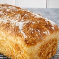 A loaf of easy no-knead bread freshly baked.
