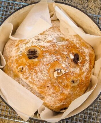 No-knead olive bread in the Dutch oven.