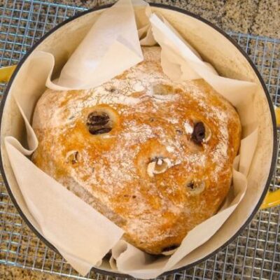 No-knead olive bread in the Dutch oven.