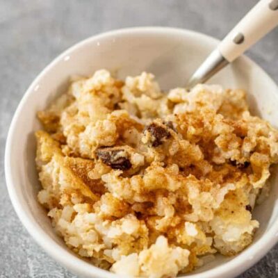 A bowl of rice pudding with cinnamon sugar sprinkled over it.