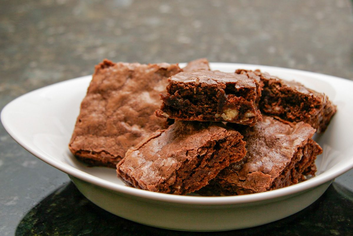 one bowl brownies in a small dish
