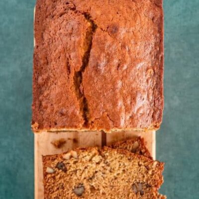one egg banana bread overhead photo of the loaf with cut slices