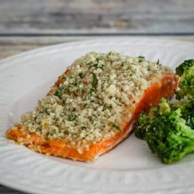 a salmon fillet baked with mustard and panko coating
