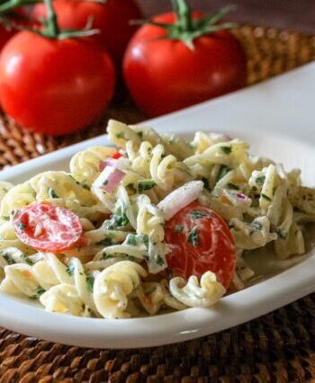 pasta salad on a serving plate