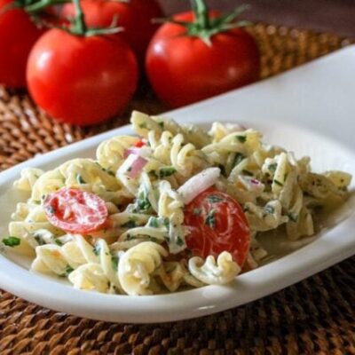 pasta salad on a serving plate