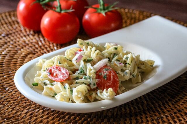 pasta salad on a serving plate