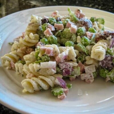 pasta salad with ham on a plate