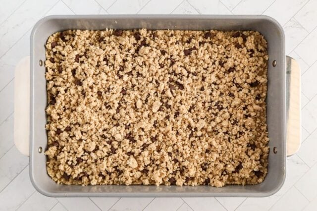 Remaining crumbs sprinkled over the bar mixture.