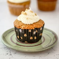 Delicious cupcake topped with swirled white frosting.