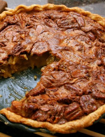 A brown sugar pecan pie, classically made with Karo corn syrup.