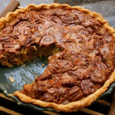 A brown sugar pecan pie, classically made with Karo corn syrup.