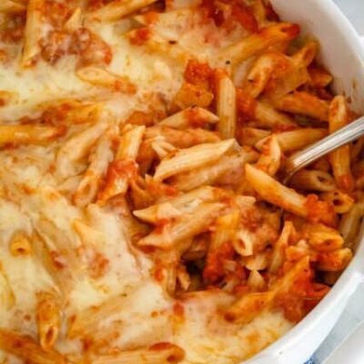 penne pasta casserole in the baking dish