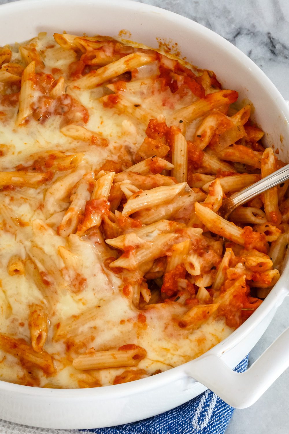 penne pasta casserole in the baking dish