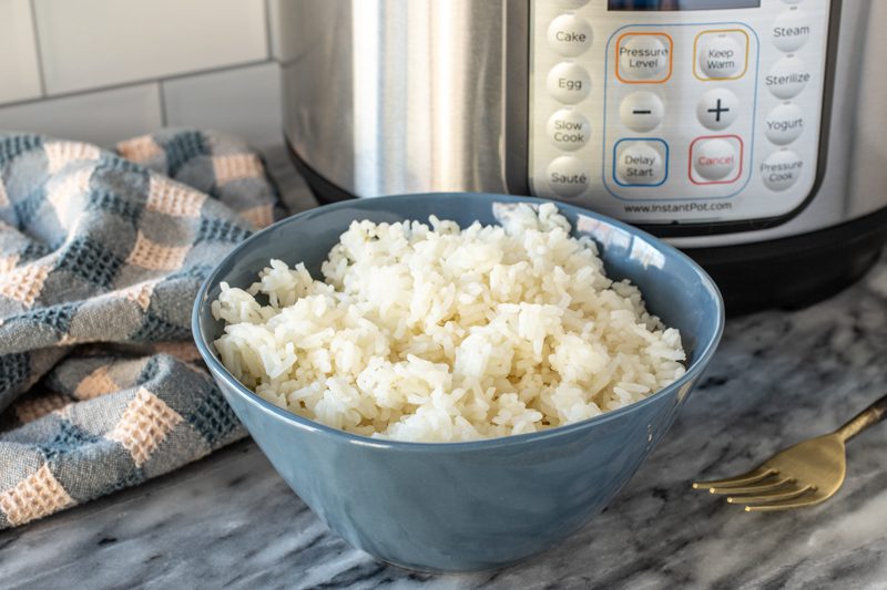 a bowl of rice cooked in the instant pot