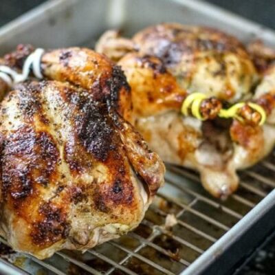 pesto coated Cornish game hens in a roasting pan