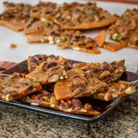Delicious homemade peanut brittle pieces.