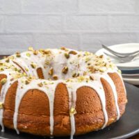Moist pistachio cake made with a cake mix, pudding, and pistachios.