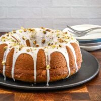 Moist pistachio cake made with a cake mix, pudding, and pistachios.