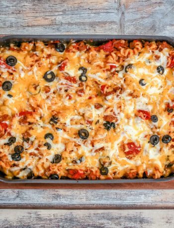 Baked pizza casserole on a cutting board