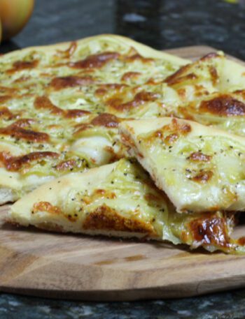 buttermilk pizza crust shown with green tomato pizza