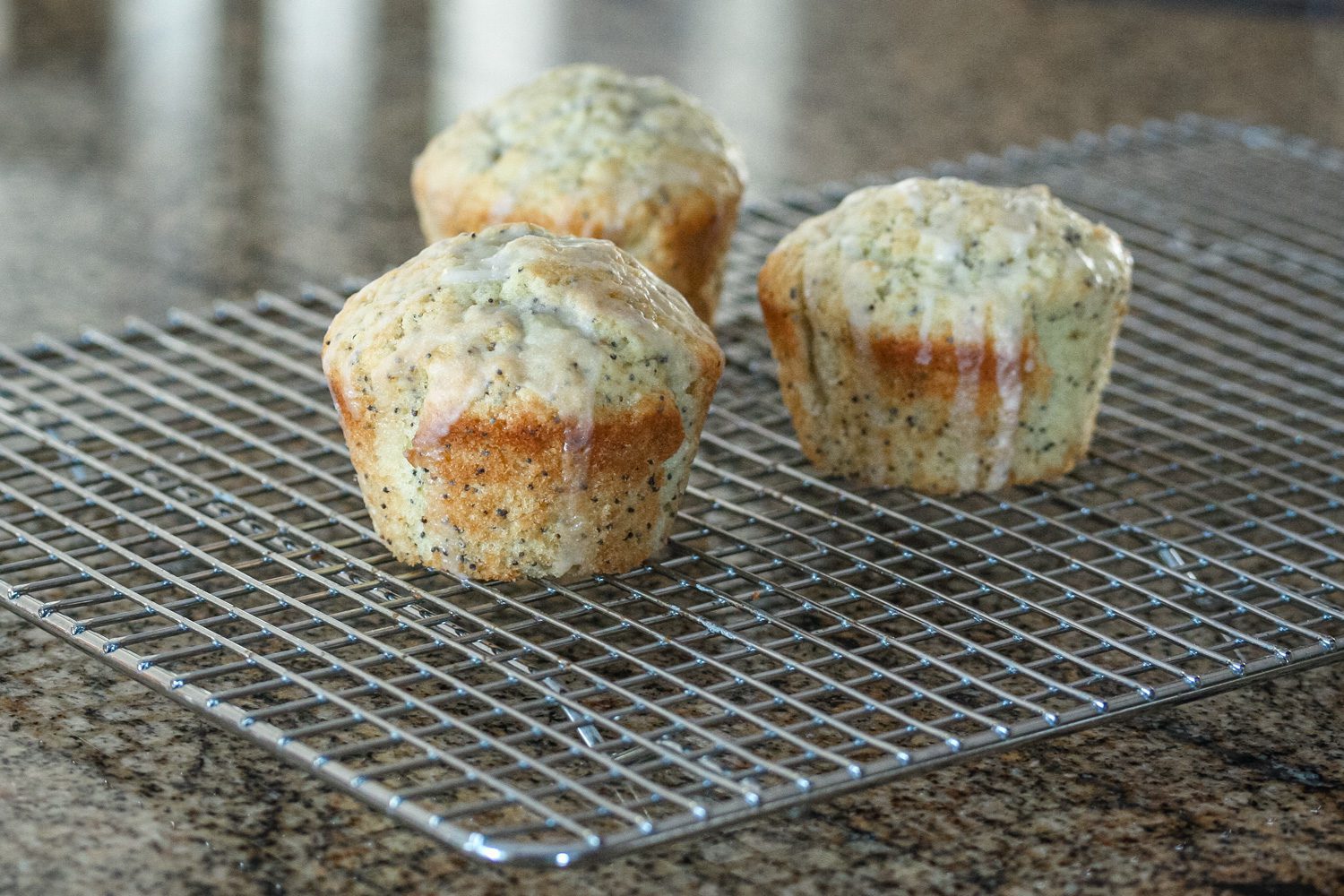 poppy seed muffins, glazed, on a cooling rack