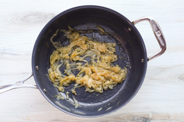 Caramelized onions for a potato and gruyere gratin recipe.