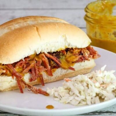 smoked picnic pulled pork with mustard sauce