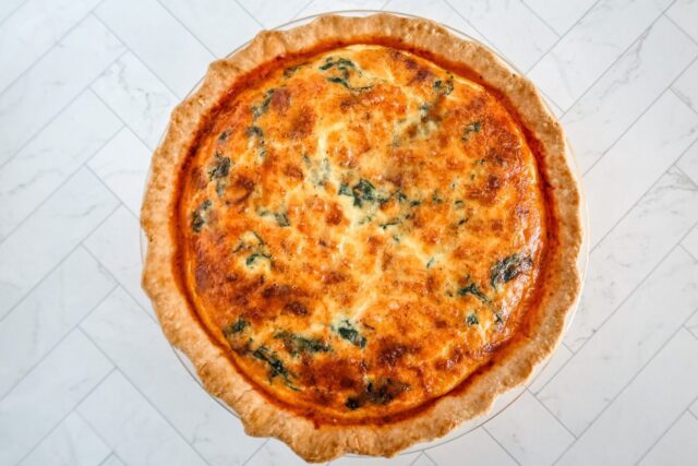 Baked quiche lorraine, overhead shot.